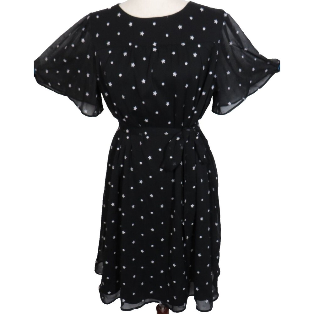 Ann Taylor Black Chiffon Floral Embroidered Flutter Sleeve Dress Size Large